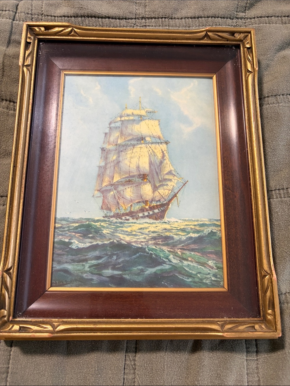 Framed Maritime Sailing Ship Wall Art in Gold and Brown